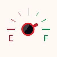 Coffee power indicator, full and empty level energy. Vector illustration. Coffe power indicator, mug breakfast, caffeine scale, gasoline energy, isolated level, panel arrow, coffe shop banner