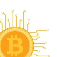 Blockchain banner poster with bitcoin connected and integrated. Vector illustration. Bitcoin symbol, e-commerce bank, cryptocurrency banking, coin concept, web cash connection, golden coin sign