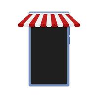 teléfono inteligente Tienda Al por menor con a rayas toldo rojo blanco. vector Bosquejo ui, móvil modelo escaparate, Teléfono móvil pantalla con toldo con sitio para información elementos, sitio web diseño aislado ilustración