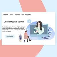 Online medical service landing page to remote consultation diagnostic and treatment. Healthy work remote and give prescription, digital doctor use modern way medical assistance. Vector illustration