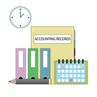 Accounting records, organisation folder and document flow. Vector illustration. Business organize, file company concept, office tax plan, database labour, analysis research, isometric information