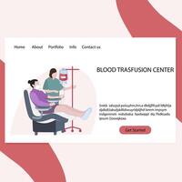 Blood transfusion center landing page, vector laboratory clinic, bloody medicine, drip and giving plazma, healthy donation illustration