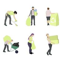 Woman man collect waste and garbage, pick up trash in packet. Illustration cleaning garbage and trash, waste collecting and pick up, safe ecology and environment vector