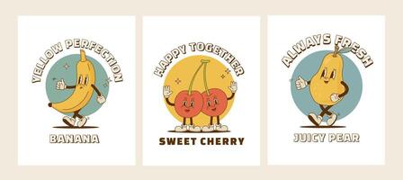 Set of retro cartoon cherry, banana, pear characters  poster. Vintage tropical fruit, citrus mascot vector illustration. Perfect for packaging, print, banner