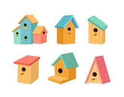 Set of cute birdhouses vector illustration in cartoon style. Hello spring. Bird houses isolated on white background.