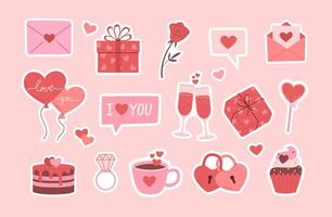 Set of Valentine's day hand drawn decorative stickers. Gift, letter, heart, balloon, cake, vine, cupcake, rose, candy, ring vector illustration.