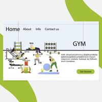 Gym landing page. Vector sport training to health, fitness lifestyle cartoon, body activity illustration, interior gym with sport equipment for workout