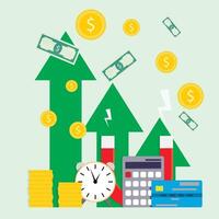 Growth of capital or income, successful profit and development, investment and result. Vector illustration. Business growth tree, startup capital saving, green dollar leaf, money profit