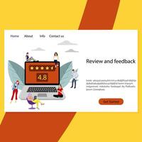 Review and feedback landing page. Vector service satisfaction application, rank according to experience and evaluation, client write comment and rank 5 stars illustration