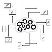 trabajo en equipo remotamente desde teléfono inteligente o ordenador portátil en nube, cowork y equipo conectado. ilustración, vector. envío datos, abierto fecha espacio, interno servidor, compartido almacenamiento, enlace red, engranajes vector