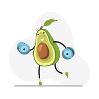 Healthy weightlifting avocado, vector exercise in gym, natural character do fitness and workout illustration. Avocado squishmallow with dumbbell, fitness character