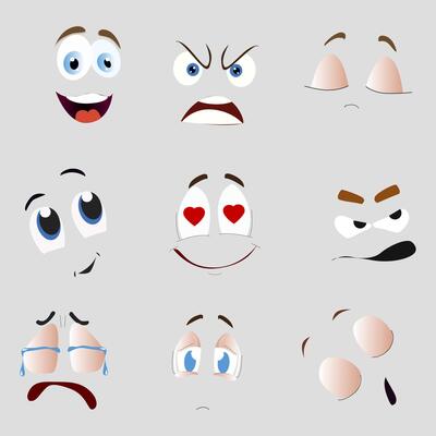 Cartoon face smile cry, angry and love. Vector smily funny face, laugh emoji, expression mouth and eyes with heart, curious and love illustration