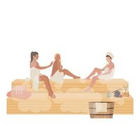 mujer día en sauna mujer relajarse en corriente habitación. sauna de madera para bienestar mujer, banco vapor, finlandés corriente habitación. vector ilustración, salud y relajarse, cuidado de la salud y spa