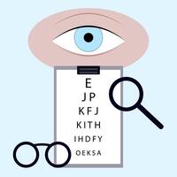 Examine eye and analysis test, chart letter exam ophthalmologist, research or check eyesight, vector professional examination healthy by optician illustration