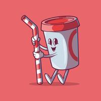 Soda character holding a straw vector illustration. Food, brand, mascot design concept.