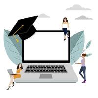 Remote study, online learning on laptop concept. Vector distance learning, students education in university online, remote e-learning and graduation illustration