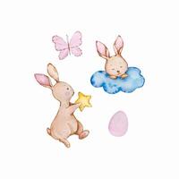 Watercolor cute baby angel bunny, nursery vector