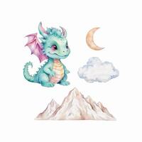 Watercolor cute baby dragon set, nursery vector