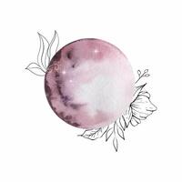 Watercolor moon with flowers bouquet, mystical vector