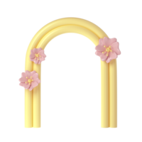 3d rendering of plaster yellow molds arch with pink flower. Minimalistic spring display. Stylish aesthetic transparent showcase, mock up for the exhibitions, presentation of products and goods png