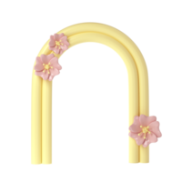 3d rendering of plaster yellow molds arch with pink flower. Minimalistic spring display. Stylish aesthetic transparent showcase, mock up for the exhibitions, presentation of products and goods png