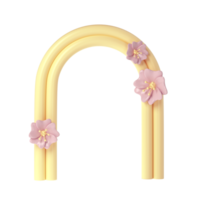 3d rendering of plaster yellow molds arch with pink flower. Minimalistic spring display. Stylish aesthetic transparent showcase, mock up for the exhibitions, presentation of products and goods png