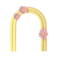 3d representación de yeso amarillo moldes arco con rosado flor. minimalista primavera mostrar. elegante estético transparente escaparate, burlarse de arriba para el exhibiciones, presentación de productos y bienes png