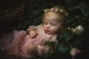 AI generated Female newborn baby sleeping in green leaves. Generate ai photo