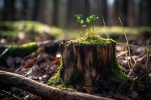 AI generated Little young sprout growing out on tree trunk. Generate ai photo