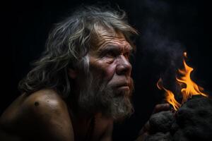 AI generated Neanderthals caveman discovering fire. Generate ai photo