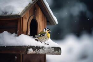 AI generated Bird in white snowy birdhouse. Generate ai photo