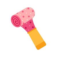 Party whistle vector icon. A colorful toy for blowing and making noise for a birthday, carnival, event. Pink accessory with stars, polka dots. Funny holiday surprise for kids. Flat cartoon clipart