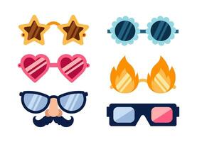 lentes vector icono colocar. elegante Gafas de sol en el forma de un estrella, flor, corazón, fuego. gracioso máscara con un Bigote y nariz, 3d lentes. vistoso años 60-70 accesorios. para un fiesta, cumpleaños, carnaval