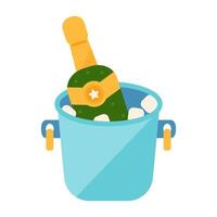 Champagne vector icon. Cool drink in a bucket with ice cubes. Green bottle of alcohol with a golden label. Bubble wine for a romantic date, party, wedding, anniversary. Flat cartoon clipart for print