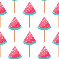 Lollipop seamless vector pattern. Sweet candy on a stick in the shape of a watermelon slice. Tasty fruit caramel with peel, pulp, seeds. Colorful sugar treat for children. Flat cartoon background