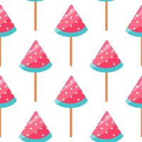 Lollipop seamless vector pattern. Sweet candy on a stick in the shape of a watermelon slice. Tasty fruit caramel with peel, pulp, seeds. Colorful sugar treat for children. Flat cartoon background