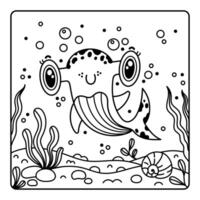 Baby hammerhead shark, coloring book for kids. Cute friendly fish smiling. A predatory underwater animal on the seabed among seaweed, shells, bubbles. Page for relax, study. Black outline on white vector