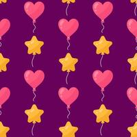 Balloons seamless vector pattern. Colorful toys of different shapes - star and heart. Festive flying surprise for a party, birthday, event. Funny holiday decoration on a string. Dark purple background