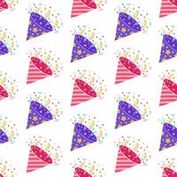 Firecracker seamless vector pattern. Paper purple and pink crackers with stars, stripes. Popper explosion, colorful surprise with serpentine, confetti. Toy for party, birthday, event. Funny background