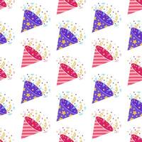 Firecracker seamless vector pattern. Paper purple and pink crackers with stars, stripes. Popper explosion, colorful surprise with serpentine, confetti. Toy for party, birthday, event. Funny background