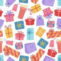 Gift boxes seamless vector pattern. Colorful presents with ribbon, bow. Containers with stripes, polka dots. Surprise for a party, birthday, anniversary. Wrapped holiday prizes. Cartoon background