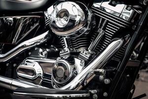 AI generated Silvery new motorcycle engine closeup. Generate ai photo