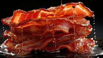 AI generated crispy bacon with melted oil on black and blurry background, AI Generated photo
