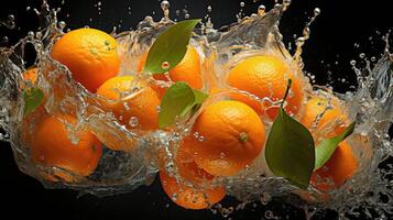 AI generated flying mandarin oranges hit by splashes of water on black background and blur, AI Generated photo