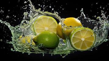 ai generado frente ver Fresco verde limas salpicado con agua en negro y borroso antecedentes foto