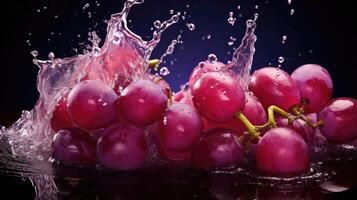 AI generated flying fresh grapes exposed to splashing water on black background and blur, AI Generated photo