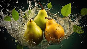 AI generated Closeup Fresh yellow pears splashed with water on a black, blurred background photo