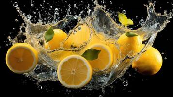 AI generated fresh yellow lemon splashed with water on black and blurred background, AI Generated photo