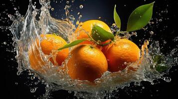 AI generated Closeup flying mandarin oranges hit by splashes of water on black background and blur photo