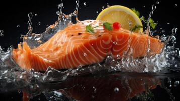 AI generated Fresh salmon with lemon slices on wooden table, black and blur background, AI Generated photo